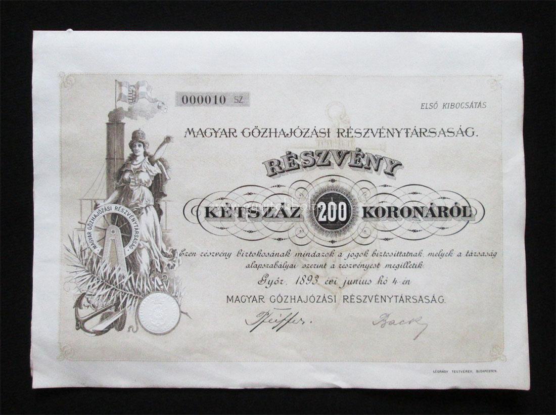 Magyar Gőzhajózási Részvénytársaság 200 korona 1893 Győr